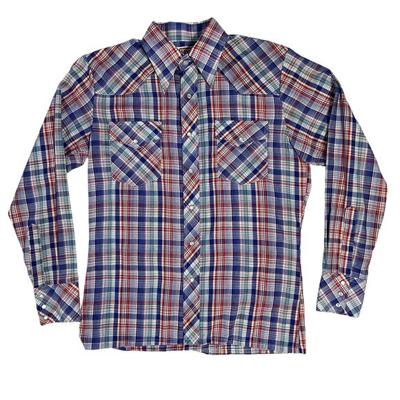 Disco Jeans Other - Vintage 70s Western Pearl Snap Button Plaid Shirt Mens M Retro Americana